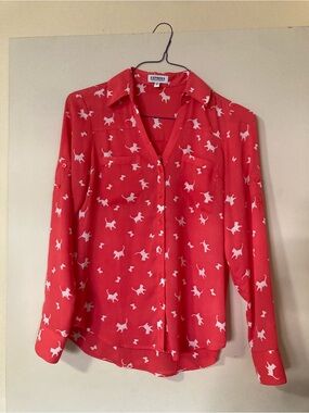 Express Coral Cat-Print Button Down Shirt